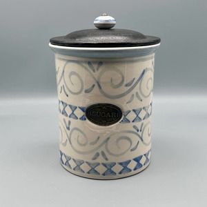 Blue & White Sugar Labeled Stoneware Canister/Crock 8”